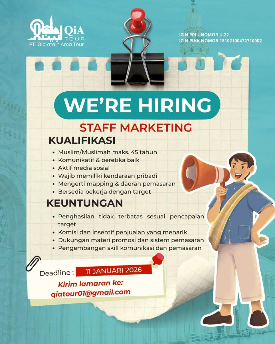 PT. Qiblatain Ama Tour abre vagas em marketing